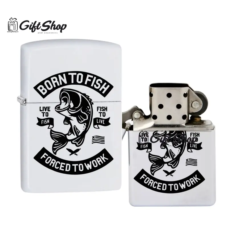 Born to fish forced to work, bricheta metalica gravata laser cu mesajv